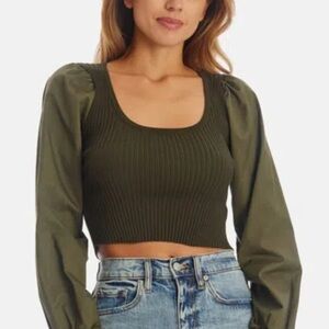 En Saison Shelburne Blouse Green XS Puff Sleeve Ribbed Top from Anthropologie